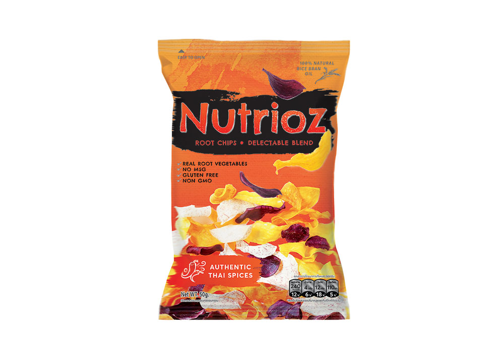 NUTRIOZ, heart-made product from Thailand. After ages of crafting recipes, we have finally found the perfect profile of tasty and healthy vegetable chips. Through hand-sourced root vegetables from diverse farms in Thailand, and profound home-cooked crafting process, packs of delectable crisp chips are produced. In one pack you will find 3 types of sweet potato and taro, cooked with 100% natural rice bran oil, sprinkled with our three unique seasonings and spices.