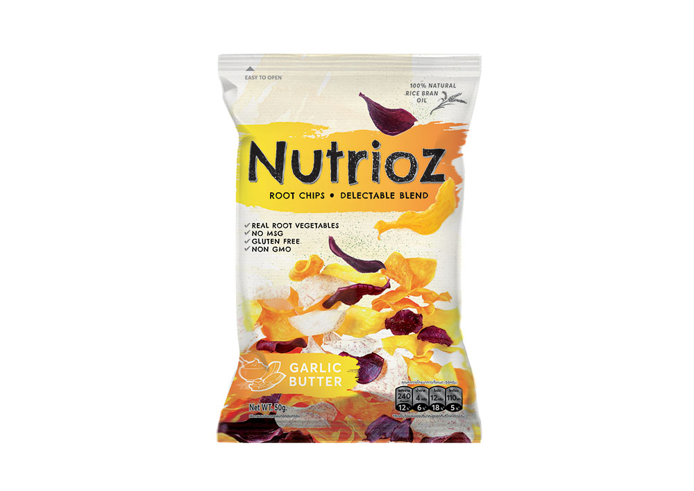 NUTRIOZ, heart-made product from Thailand. After ages of crafting recipes, we have finally found the perfect profile of tasty and healthy vegetable chips. Through hand-sourced root vegetables from diverse farms in Thailand, and profound home-cooked crafting process, packs of delectable crisp chips are produced. In one pack you will find 3 types of sweet potato and taro, cooked with 100% natural rice bran oil, sprinkled with our three unique seasonings and spices.
