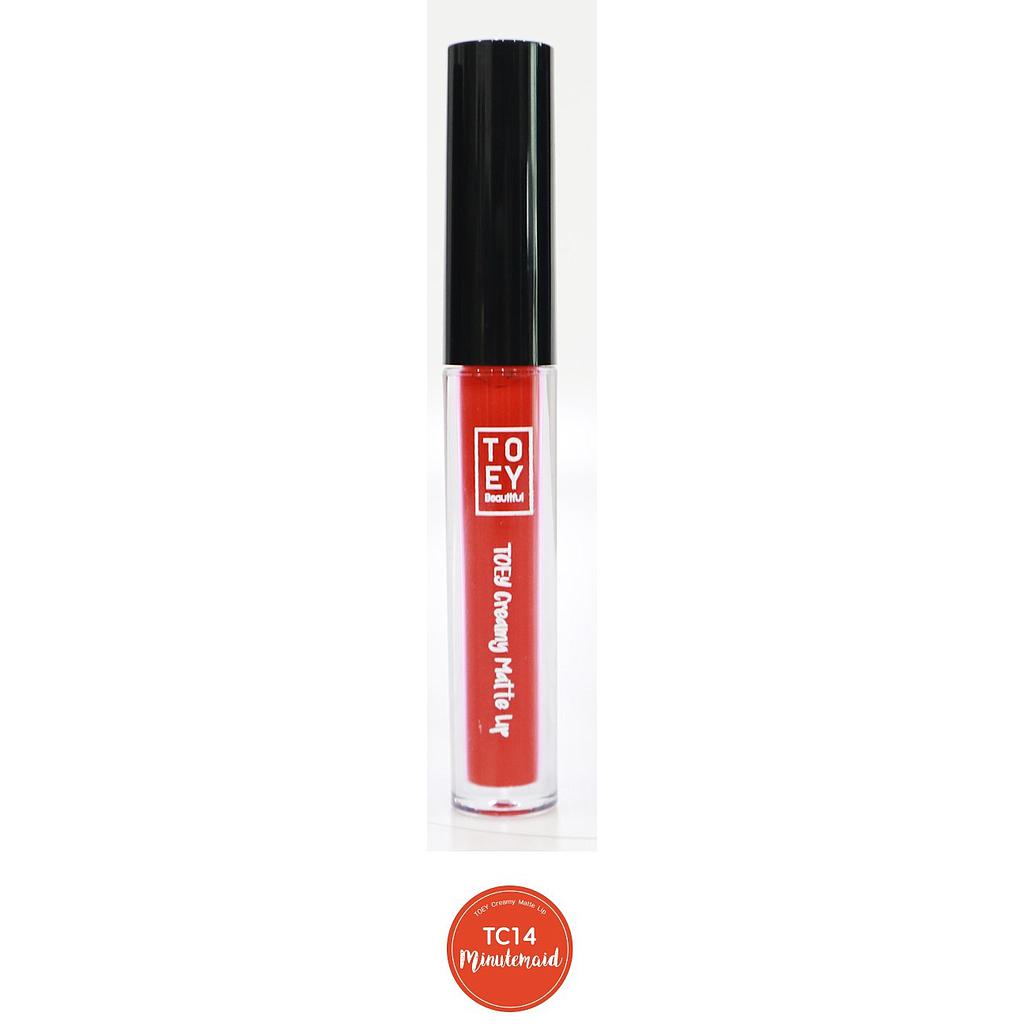 โตอี้ ครีมมี่ แมตต์ ลิป (TC14-Minutemaid) ลิปออแกนิค เนื้อครีมมี่ เม็ดสีชนิด Food Grade นำเข้าจาก U.S.A. เม็ดสีแน่น สีสวย ไม่แตก ไม่แห้ง ไม่ลอก อุดมไปด้วยสารสกัดจากธรรมชาติ 100% พร้อมผสานการบำรุงจาก Organic Rose Hip Oil, Sunflower Oil, Argan oil และ Vitamin E
ไม่ทำให้ปากดำคล้ำ ปราศจากการระคายเคือง ทาแล้วไม่รู้สึกแห้งตึงหรือเป็นขุย ช่วยบำรุงริมฝีปากให้ชุ่มชื้นเรียบเนียนสุขภาพดี 
ฟิลลิ่งที่ได้ แมทแบบเบาๆ ไม่แห้งด้าน และไม่มันวาว เกินไป ขนาดบรรจุ 2.5 g.
