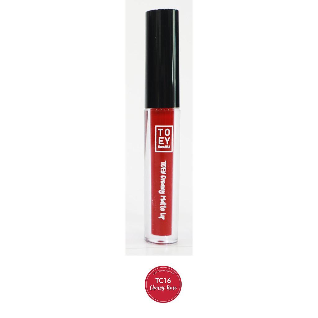 โตอี้ ครีมมี่ แมตต์ ลิป (TC16-Cherry Rose) ลิปออแกนิค เนื้อครีมมี่ เม็ดสีชนิด Food Grade นำเข้าจาก U.S.A. เม็ดสีแน่น สีสวย ไม่แตก ไม่แห้ง ไม่ลอก อุดมไปด้วยสารสกัดจากธรรมชาติ 100% พร้อมผสานการบำรุงจาก Organic Rose Hip Oil, Sunflower Oil, Argan oil และ Vitamin E
ไม่ทำให้ปากดำคล้ำ ปราศจากการระคายเคือง ทาแล้วไม่รู้สึกแห้งตึงหรือเป็นขุย ช่วยบำรุงริมฝีปากให้ชุ่มชื้นเรียบเนียนสุขภาพดี 
ฟิลลิ่งที่ได้ แมทแบบเบาๆ ไม่แห้งด้าน และไม่มันวาว เกินไป ขนาดบรรจุ 2.5 g.
