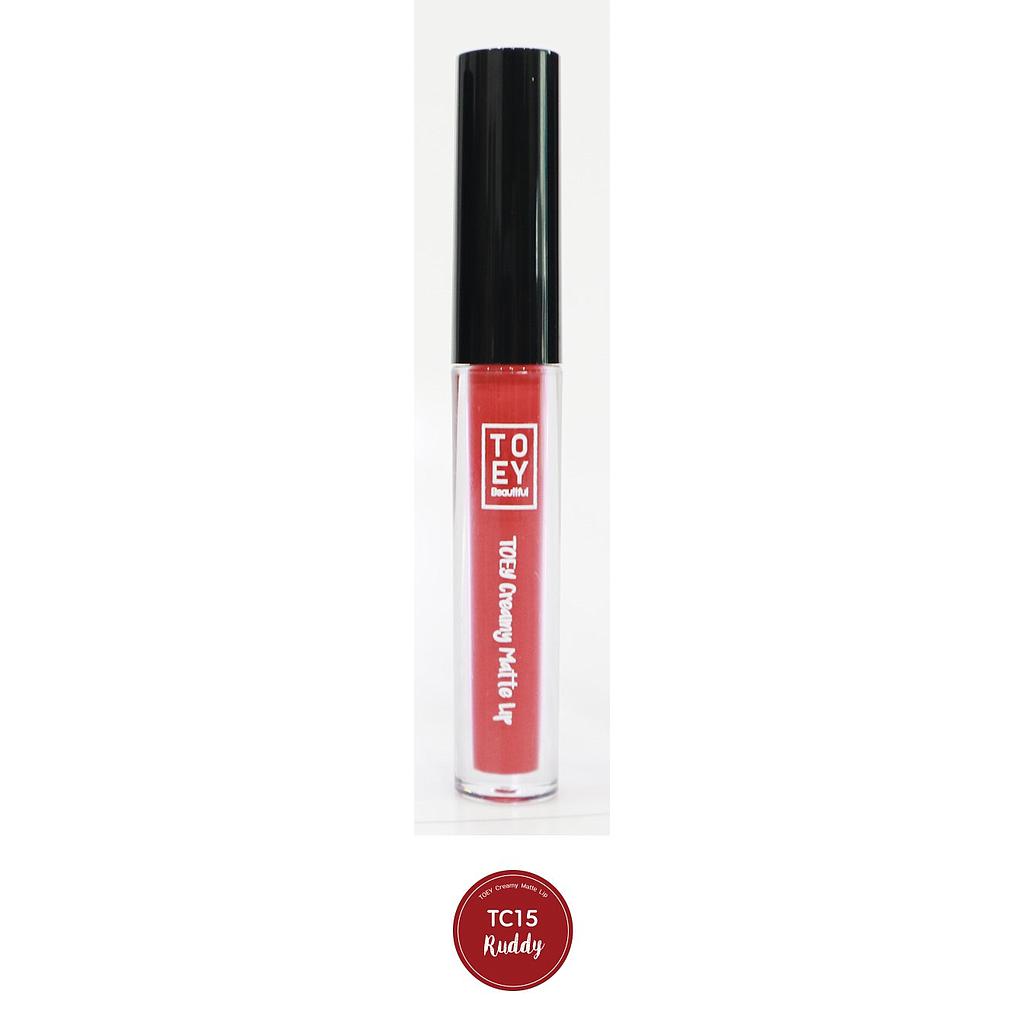 โตอี้ ครีมมี่ แมตต์ ลิป (TC15-Ruddy) ลิปออแกนิค เนื้อครีมมี่ เม็ดสีชนิด Food Grade นำเข้าจาก U.S.A. เม็ดสีแน่น สีสวย ไม่แตก ไม่แห้ง ไม่ลอก อุดมไปด้วยสารสกัดจากธรรมชาติ 100% พร้อมผสานการบำรุงจาก Organic Rose Hip Oil, Sunflower Oil, Argan oil และ Vitamin E ไม่ทำให้ปากดำคล้ำ ปราศจากการระคายเคือง ทาแล้วไม่รู้สึกแห้งตึงหรือเป็นขุย ช่วยบำรุงริมฝีปากให้ชุ่มชื้นเรียบเนียนสุขภาพดี ฟิลลิ่งที่ได้ แมทแบบเบาๆ ไม่แห้งด้าน และไม่มันวาว เกินไป ขนาดบรรจุ 2.5 g.
