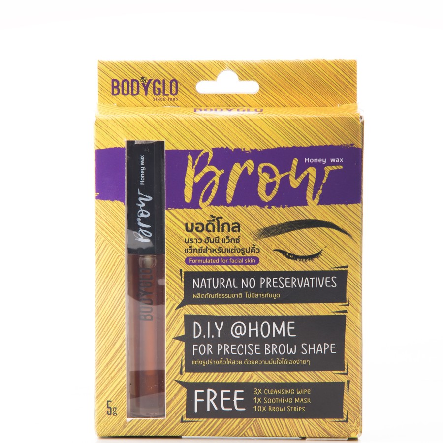 BodyGlo Brow Honey Wax 
ผลิตภัณฑ์กำจัดขนคิ้ว บอดี้โกล 
1 กล่อง ประกอบด้วย 
BodyGlo Brow Honey Wax 1 หลอด,
แผ่นเช็ดทำความสะอาด BodyGlo Cleansing Wipe 3 แผ่น , 10-1-6100061674
แผ่นดึงแว็กซ์ BodyGlo Wax Strips 10 แผ่น 
เจลบำรุงผิว BodyGlo Soothing Mask 1 ซอง 10-1-6100056670
