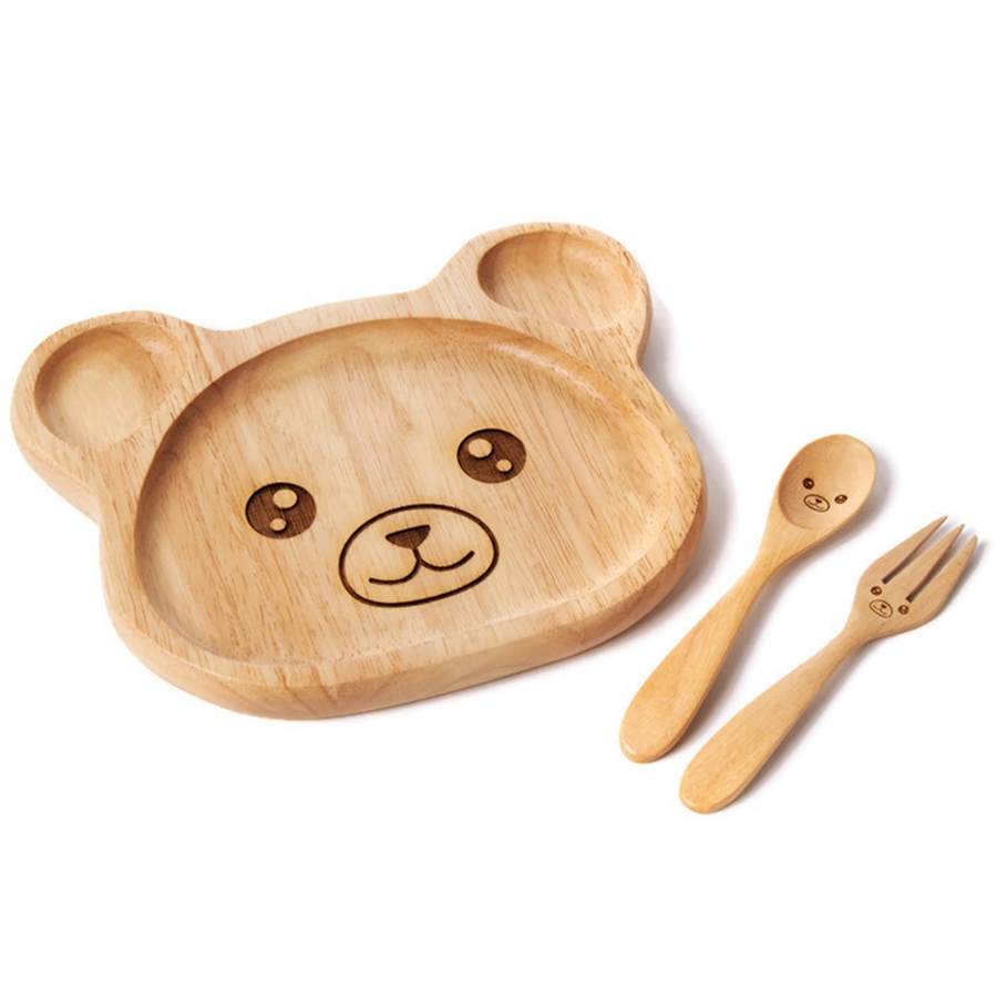 จานไม้หมี พร้อมช้อนส้อม