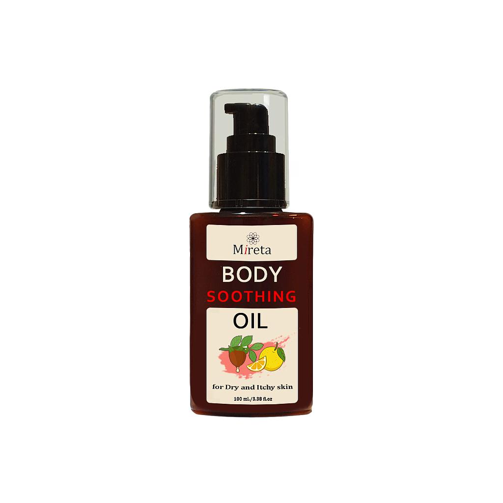 Mireta Body Soothing Oil - 
ด้วยส่วนผสมของเนเชอรัลออยล์มากกว่า 50% ที่ช่วยฟื้นบำรุงให้ผิวกระชับและนุ่มลื่นขึ้น ผิวแลดูชุ่มชื่นจากส่วนผสมพิเศษของยูซุ พีล ออยล์ จากประเทศญี่ปุ่น โจโจ้บาร์ออยล์ สวีทอัลมอนด์ออยล์ พร้อมทั้งเอสเซนเทียลออยล์สูตรพิเศษ ที่เบลนจากดอกไม้นานาพรรณ อุดมไปด้วยโอเมก้า 3 และ 6 รวมถึงคลารี่เจสที่ช่วยให้ผิวกระชับและแน่นขึ้นเป็นพิเศษ เพียงฉีดซูทติ้งออย์เพียง 1-2 drops เข้าสู่ผิว พร้อมสูดกลิ่นหอมอวลของ Ylang Ylang Patchouli และ Lavender 
เนื้อออยล์เข้มข้น แต่ไม่เหนียวเหนอะหนะ เหมาะสำหรับ ผู้ที่มีผิวแห้งมาก ผิวต้องการได้รับบำรุงอย่างเร่งด่วน คุณแม่ช่วงตั้งครรภ์ หรือหลังคลอดที่ผิวแตกลายงา ลอกเป็นขุ้ย หรือ ผู้ออกกำลังกายกลางแจ้ง แอคทิวิตี้แมน เพื่อผู้แลผิวแห้งคล้ำเสีย ผิวไหม้จากแสงแดด