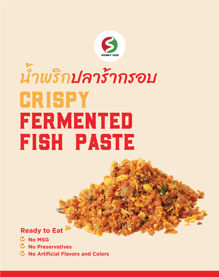 น้ำพริกปลาร้ากรอบ ผลิตจากวัตถุดิบคุณภาพสูง/ สกัดน้ำมันปาล์มทีใช้ทอด หอม, กระเทียม, ใบมะกรูด, พริกแห้ง, และปลาร้าออก
