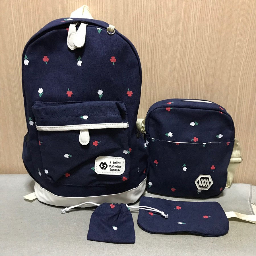 78996 เซ็ตกระเป๋าเป้ฟลาวเวอร์สีกรมท่า(4ใบ/ชุด) 