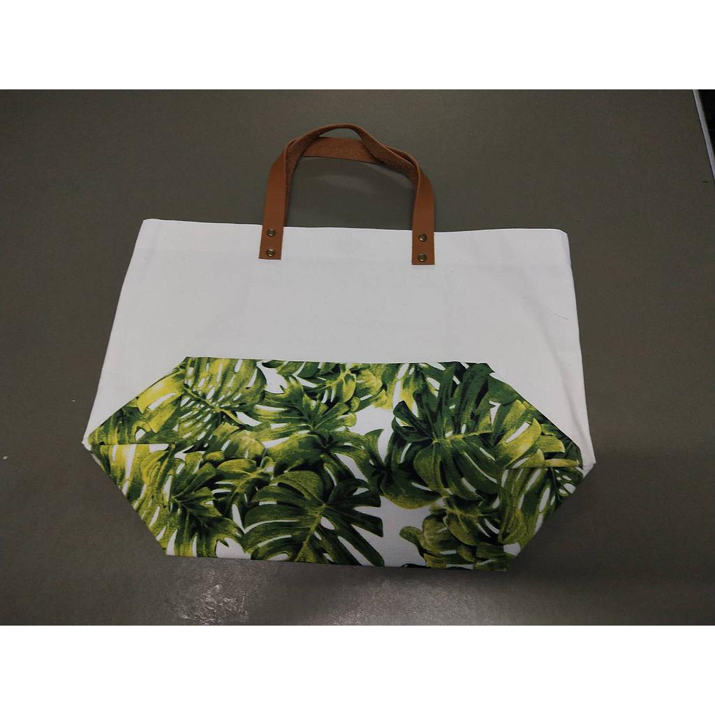 กระเป๋าช๊อปปิ้งแต่งผ้าพิมพ์ลายไผ่ สีครีม/เขียว
