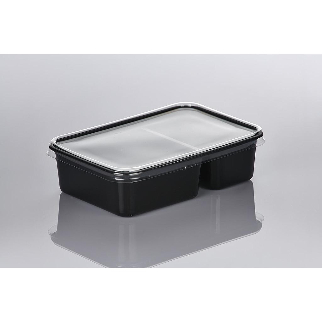 V250-2B-PET กล่องข้าว 2 ช่อง ดำ + ฝาปิด PET
