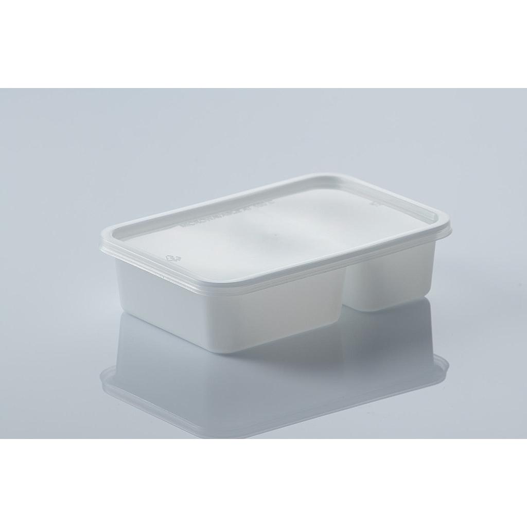 V250-2W-PP กล่องข้าว 2 ช่อง ขาว + ฝาปิด PP