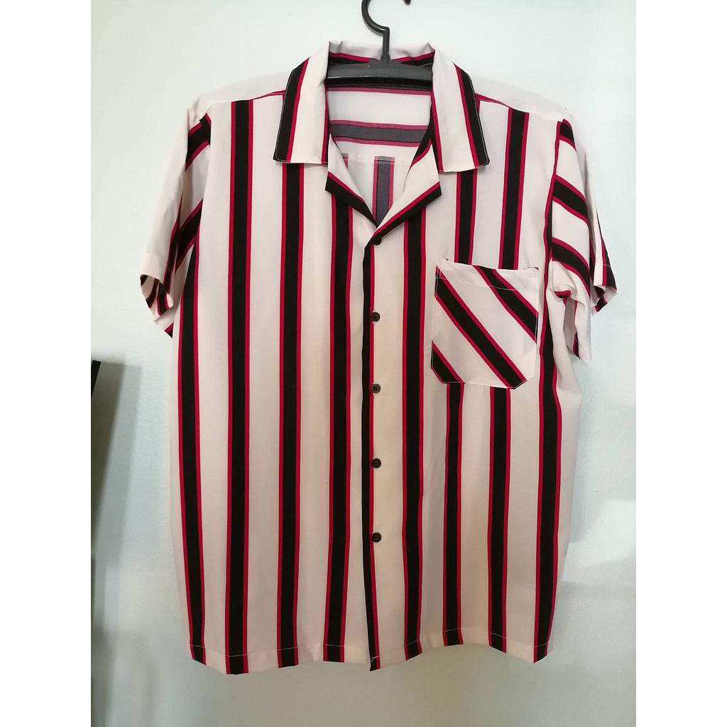 เสื้อเชิ้ตผู้ชายคอฮาวายลายริ้วสีขาว