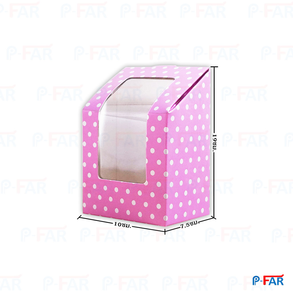 กล่องคุ้กกี้คอนเฟลก  ฝาเฉียง &quot;&quot;สีชมพู จุด &quot;&quot; เจาะ 10 x 7.5 x19 cm
