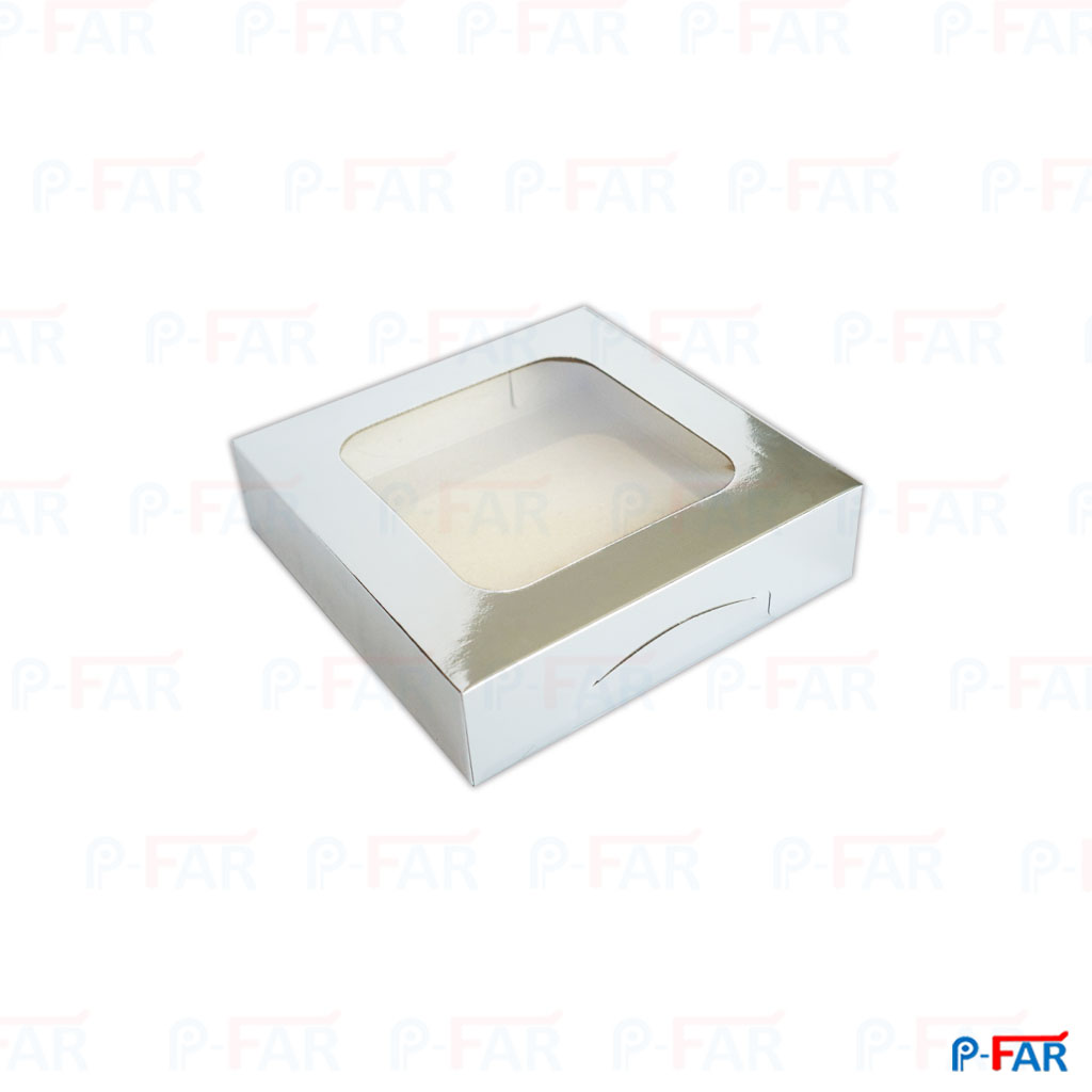 กล่องแฮนเมดเค้ก  2 ปอนด์ เงิน เจาะ เตี้ย(กล่องบราวนี่)(9.5x9.5x2&quot;)