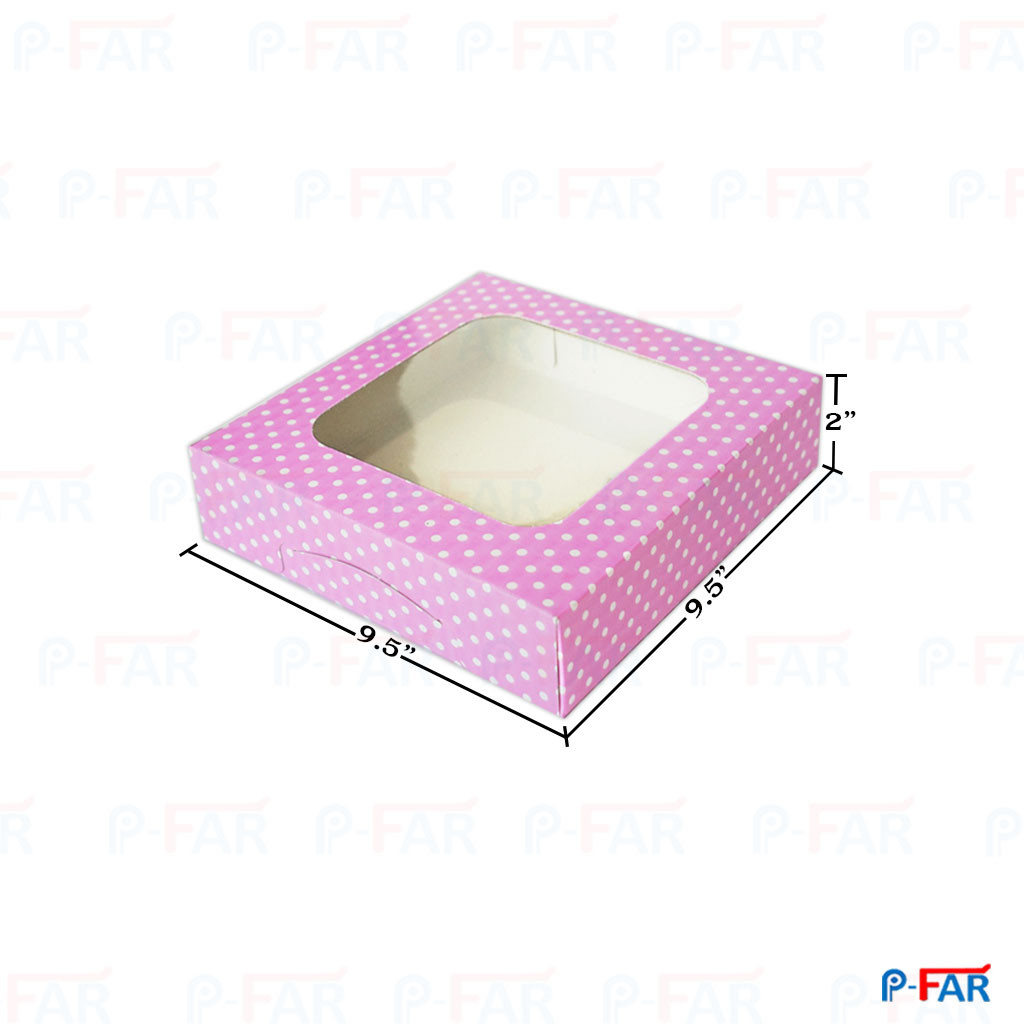 กล่องแฮนเมดเค้ก2ปอนด์ &quot;สีชมพู จุด&quot;เจาะ เตี้ย(กล่องบราวนี่)(9.5x9.5x2&quot;)