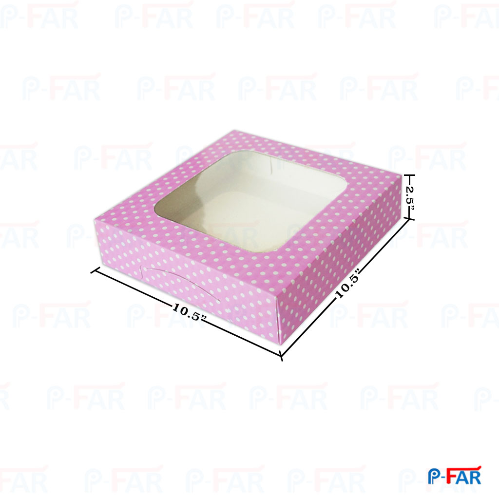 กล่องแฮนเมดเค้ก  3 ปอนด์ &quot;สีชมพู จุด &quot; เจาะ เตี้ย (กล่องบราวนี่)(10.5x10.5x2.5&quot;)