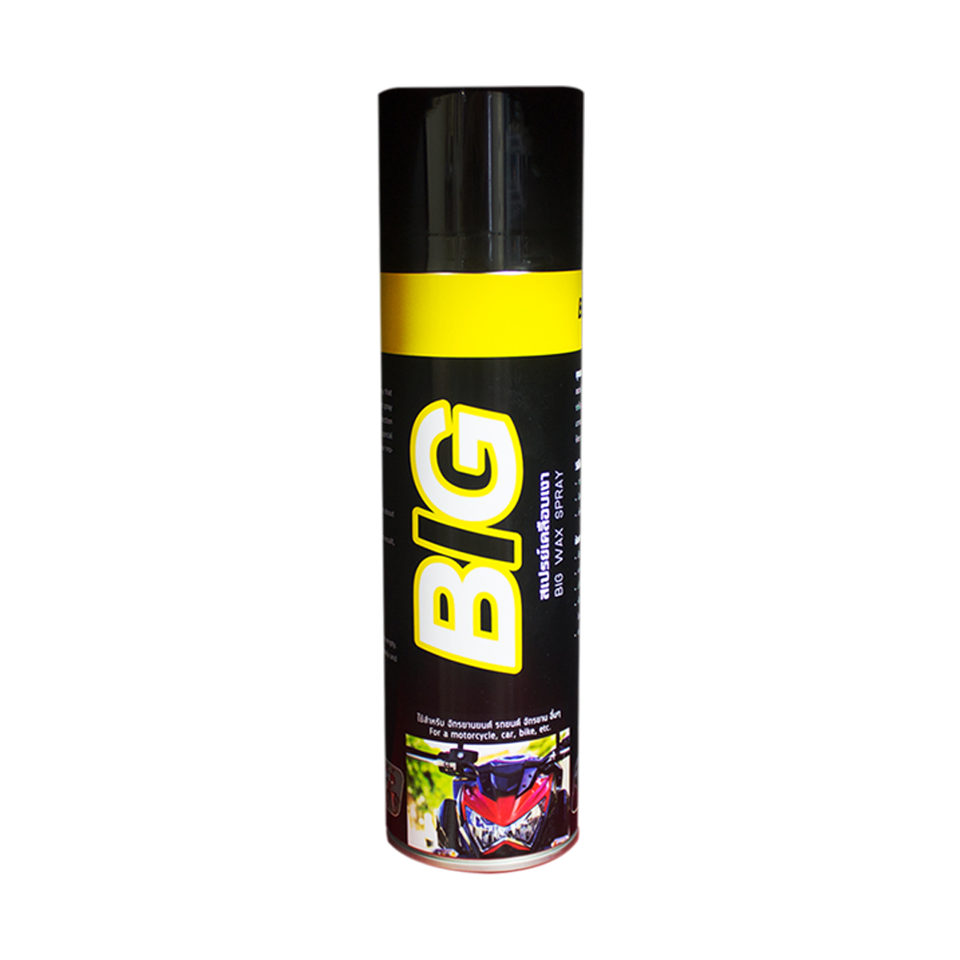 สเปรย์เคลือบเงา BIG WAX SPRAY ด้วยซิลิโคนสูตรปกป้องพิเศษในการไม่ให้ฝุ่น หรือสิ่งสกปรกเกาะหรือติดได้ง่ายและให้ความ เงางามเสมือนมีฟีมล์คุณภาพสูงเคลือบ คอนโซนรถยนต์ รถยนต์ จักรยานยนต์ จักรยาน